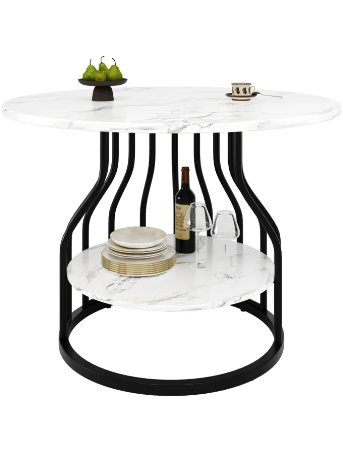 Runder Esstisch in Schwarz 80x80x76 cm mit kleiner Ablageplatte