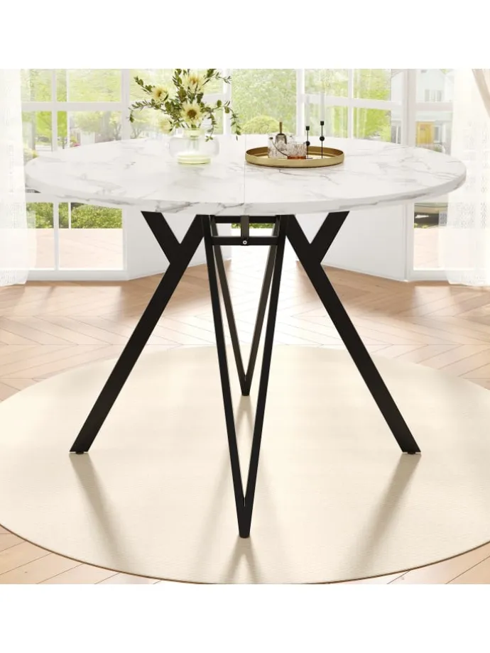 Runder Esstisch mit Marmoroptik und Metallbeinen in Schwarz