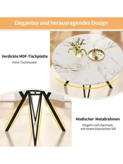 Runder Esstisch mit Marmoroptik und Metallbeinen in Schwarz