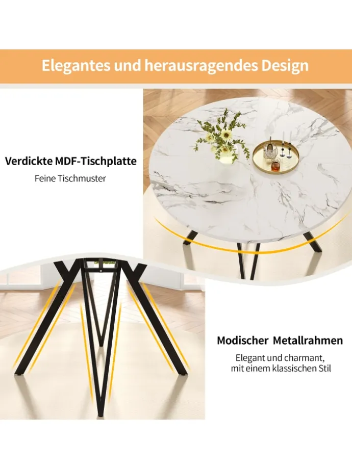 Runder Esstisch mit Marmoroptik und Metallbeinen in Schwarz