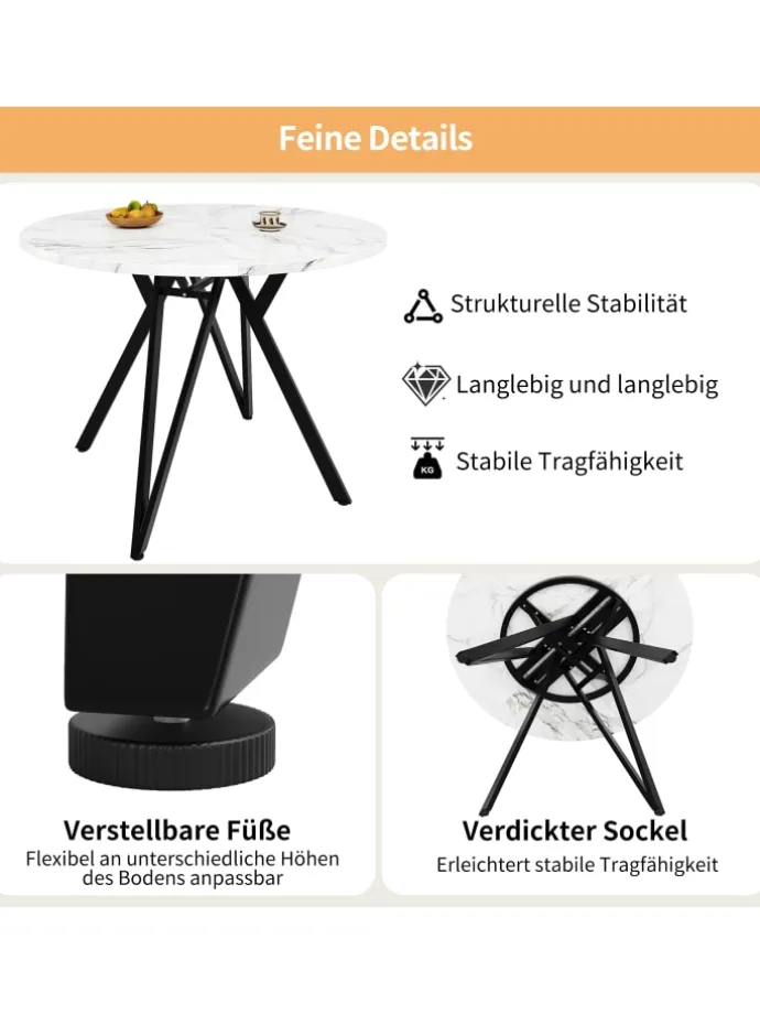 Runder Esstisch mit Marmoroptik und Metallbeinen in Schwarz