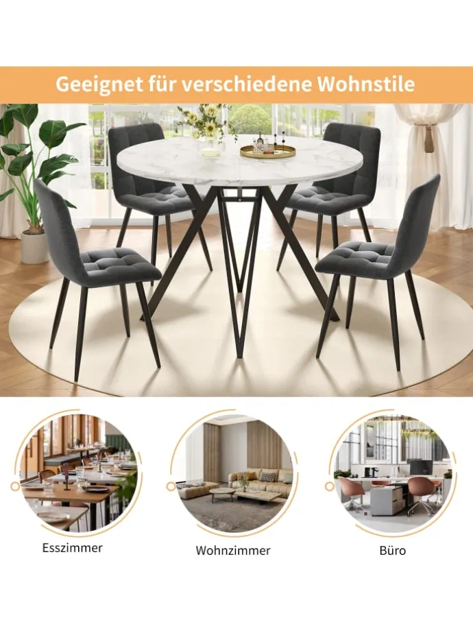 Runder Esstisch mit Marmoroptik und Metallbeinen in Schwarz