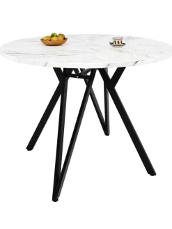 Runder Esstisch mit Marmoroptik und Metallbeinen in Schwarz