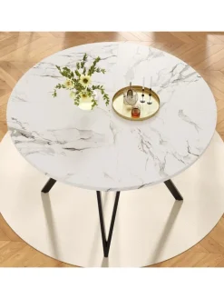 Runder Esstisch mit Marmoroptik und Metallbeinen in Schwarz