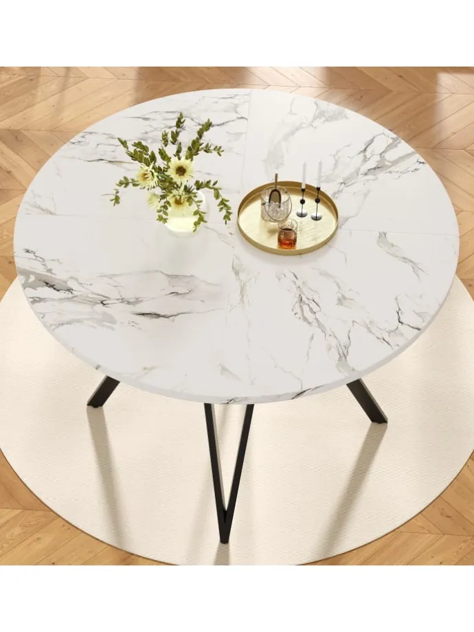 Runder Esstisch mit Marmoroptik und Metallbeinen in Schwarz