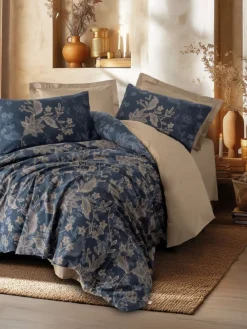 Satin-Bettwäsche-Set "Noctelle" in Dunkelblau/ Beige