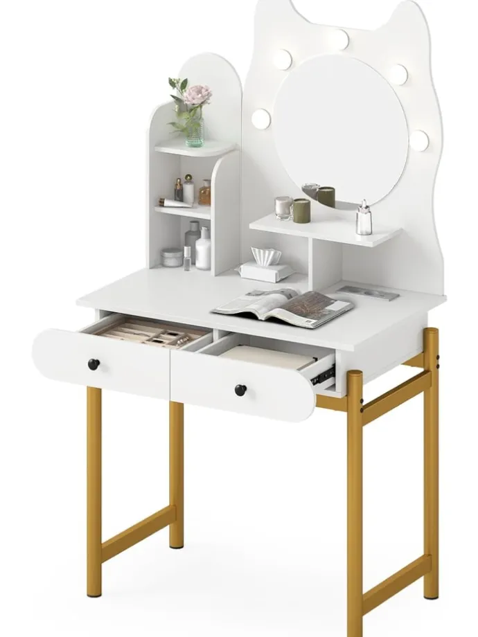Schminktisch in Katzenform mit Spiegel & Beleuchtung in Weiß