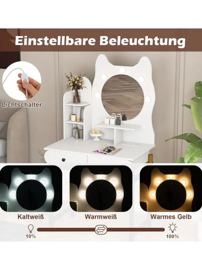 Schminktisch in Katzenform mit Spiegel & Beleuchtung in Weiß
