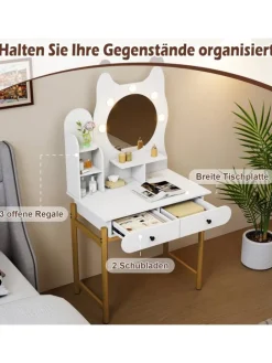 Schminktisch in Katzenform mit Spiegel & Beleuchtung in Weiß