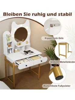 Schminktisch in Katzenform mit Spiegel & Beleuchtung in Weiß