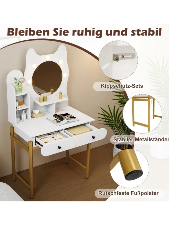 Schminktisch in Katzenform mit Spiegel & Beleuchtung in Weiß