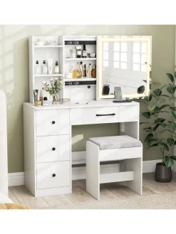 Schminktisch mit LED & Schminkhocker 96 x 40 x 135 cm in Weiß