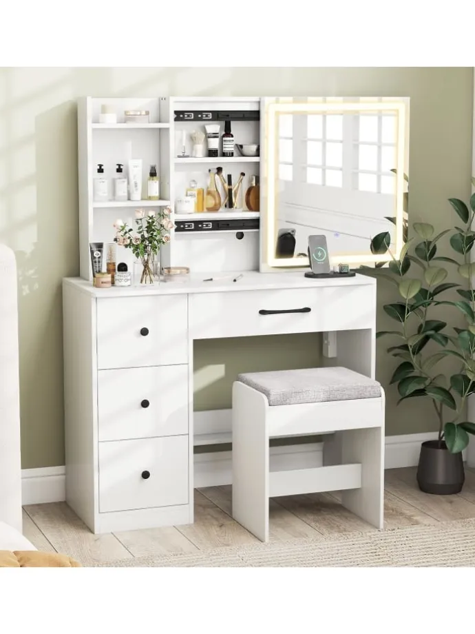 Schminktisch mit LED & Schminkhocker 96 x 40 x 135 cm in Weiß