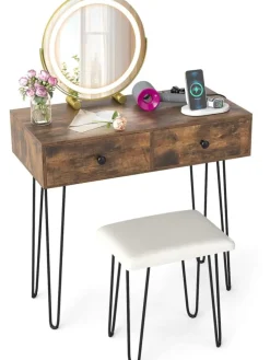 Schminktisch mit LED Spiegel Hocker 80 x 40 x 76 cm in Braun