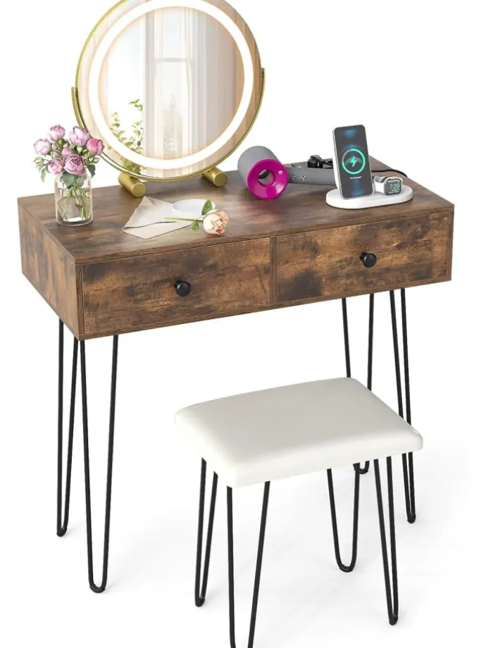 Schminktisch mit LED Spiegel Hocker 80 x 40 x 76 cm in Braun