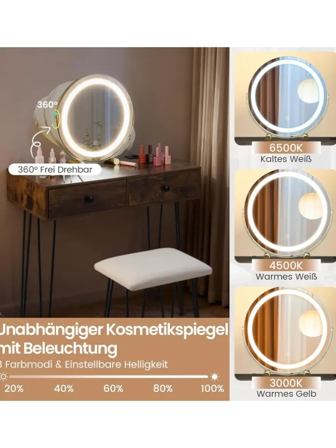 Schminktisch mit LED Spiegel Hocker 80 x 40 x 76 cm in Braun