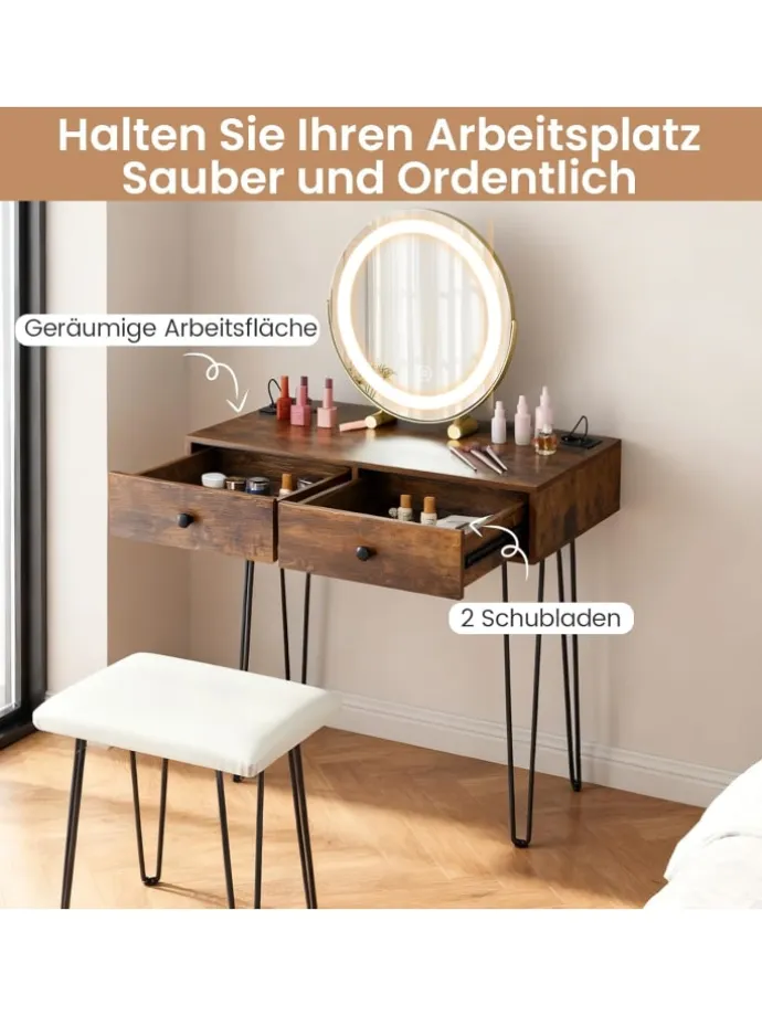 Schminktisch mit LED Spiegel Hocker 80 x 40 x 76 cm in Braun