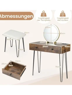 Schminktisch mit LED Spiegel Hocker 80 x 40 x 76 cm in Braun
