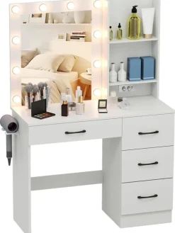 Schminktisch mit LED-Beleuchtung 94x40x138,5cm in Weiß