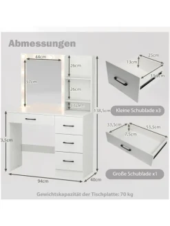 Schminktisch mit LED-Beleuchtung 94x40x138,5cm in Weiß