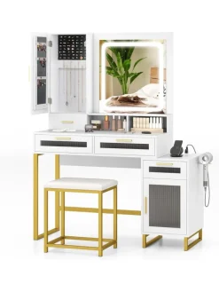 Schminktisch mit LED-Beleuchtung 112 x 39,5 x 145 cm in Weiß