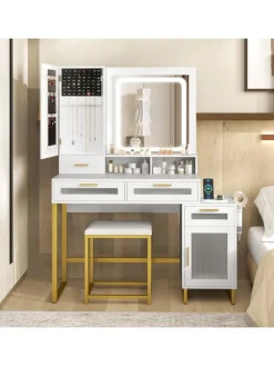 Schminktisch mit LED-Beleuchtung 112 x 39,5 x 145 cm in Weiß
