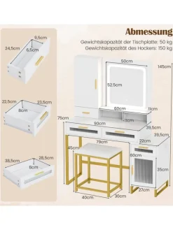 Schminktisch mit LED-Beleuchtung 112 x 39,5 x 145 cm in Weiß