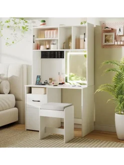 Schminktisch Set mit LED Spiegel & Hocker in Weiß