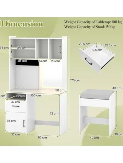 Schminktisch Set mit LED Spiegel & Hocker in Weiß