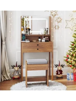 Schminktisch Set mit Steckdosen & LED in Hellbraun