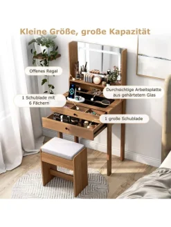 Schminktisch Set mit Steckdosen & LED in Hellbraun