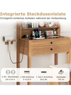 Schminktisch Set mit Steckdosen & LED in Hellbraun