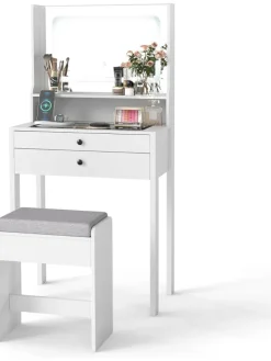 Schminktisch Set mit Steckdosen & LED in Weiß