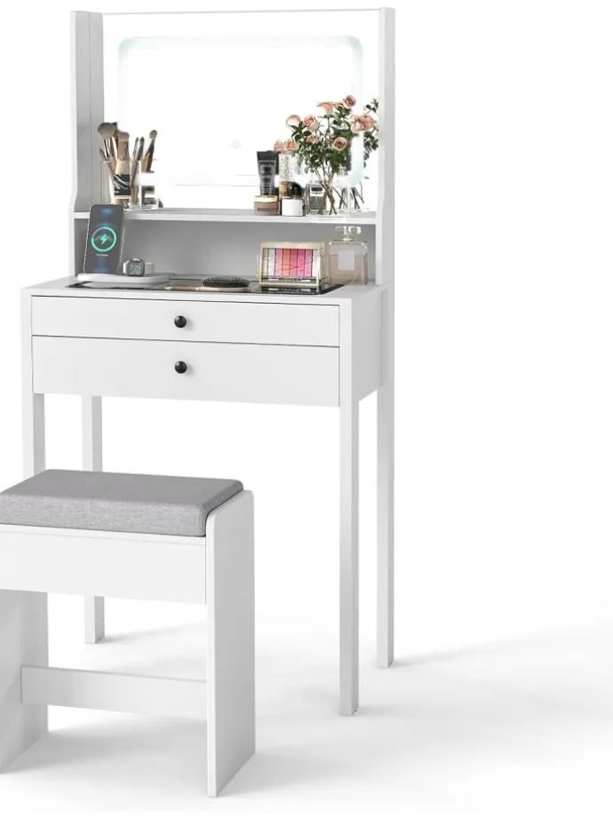 Schminktisch Set mit Steckdosen & LED in Weiß