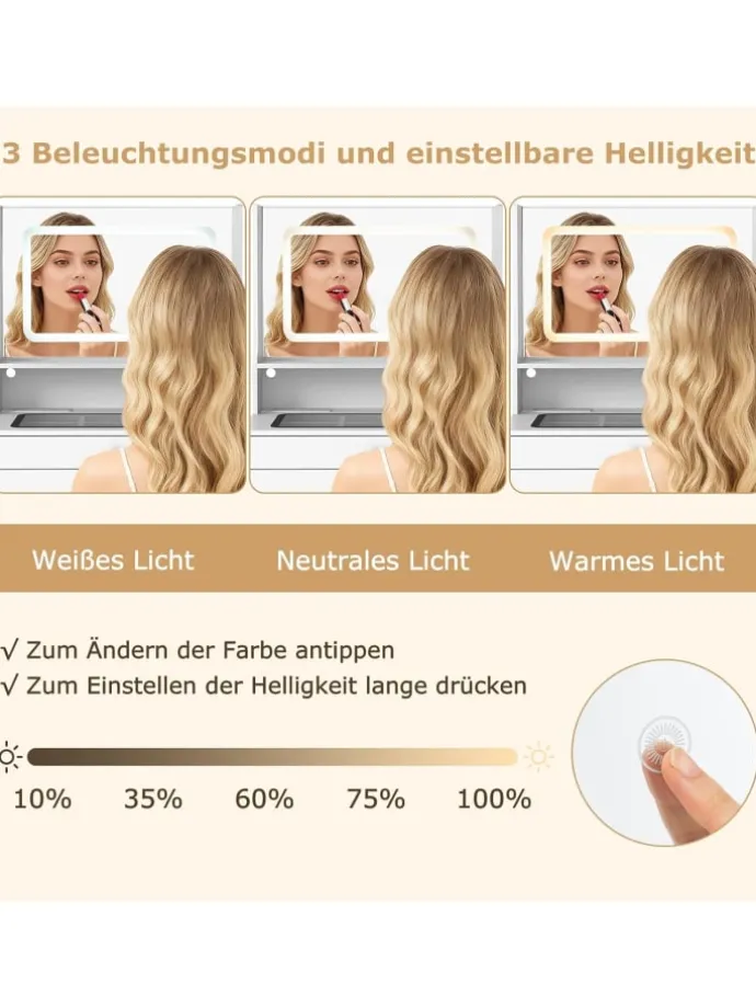Schminktisch Set mit Steckdosen & LED in Weiß