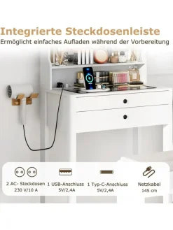 Schminktisch Set mit Steckdosen & LED in Weiß