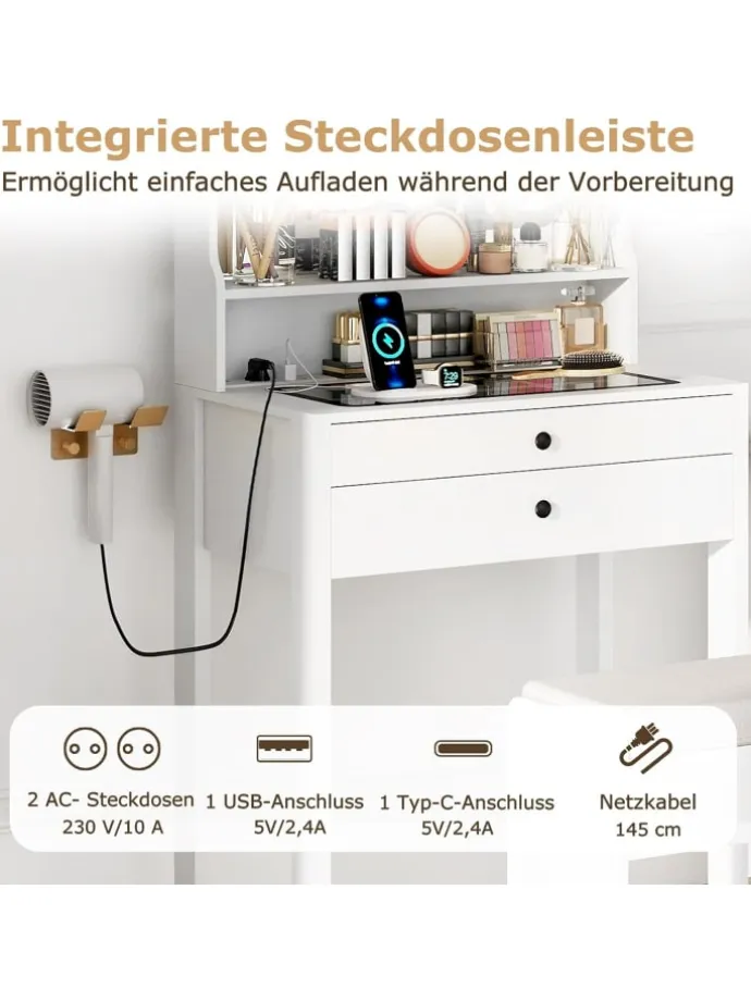 Schminktisch Set mit Steckdosen & LED in Weiß