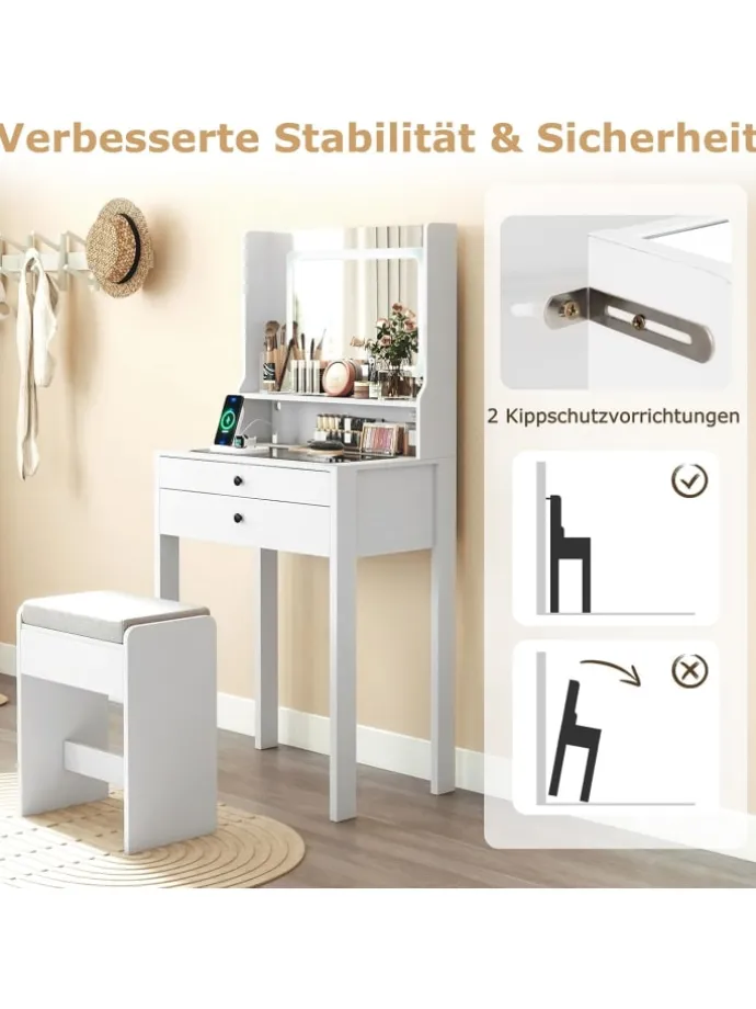 Schminktisch Set mit Steckdosen & LED in Weiß