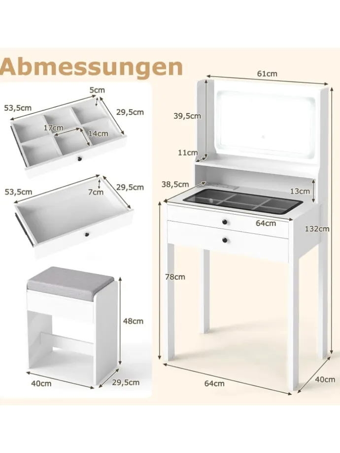 Schminktisch Set mit Steckdosen & LED in Weiß