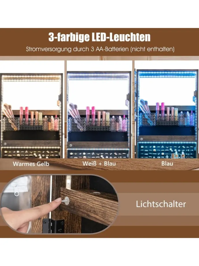 Schmuckschrank LED mit Rollen 159cm in Hellbraun