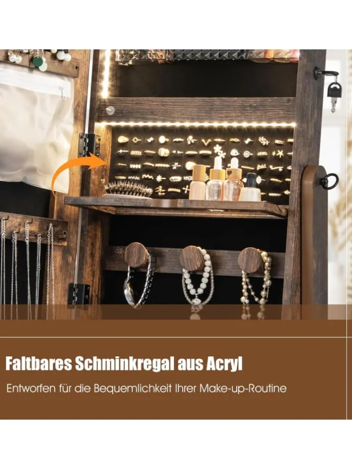 Schmuckschrank LED mit Rollen 159cm in Hellbraun