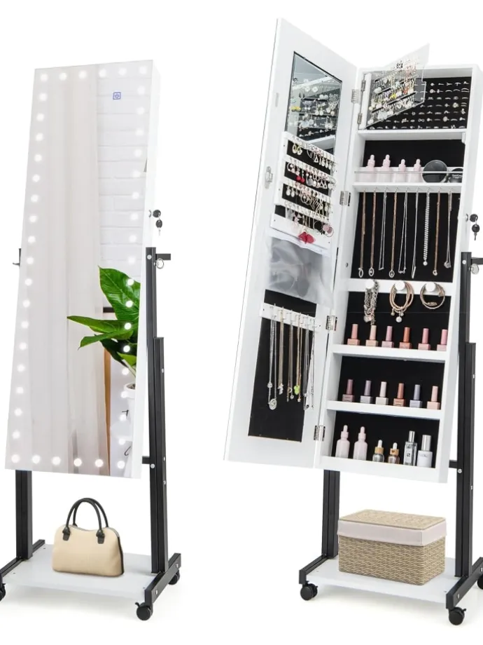 Schmuckschrank LED mit Rollen 4 in 1 in Weiß