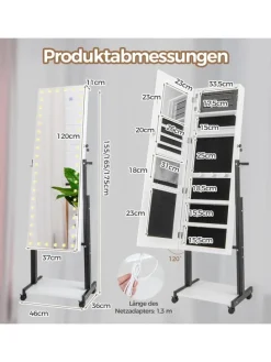 Schmuckschrank LED mit Rollen 4 in 1 in Weiß