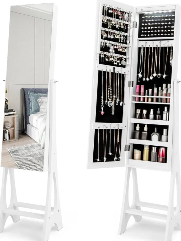 Schmuckschrank mit LED & Spiegel in Weiß