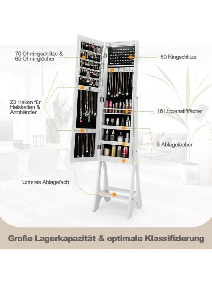 Schmuckschrank mit LED & Spiegel in Weiß