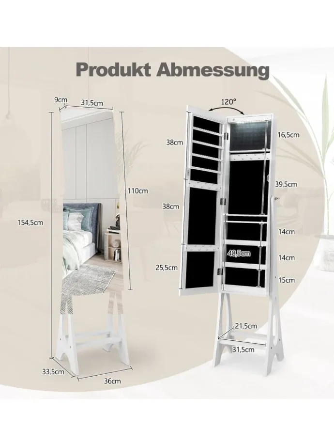 Schmuckschrank mit LED & Spiegel in Weiß