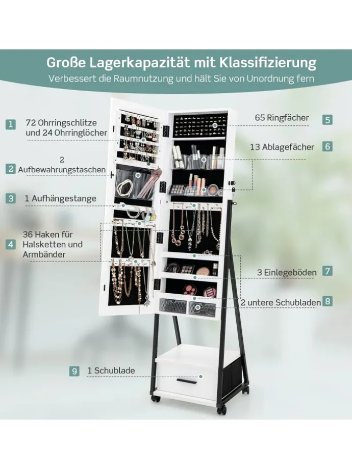 Schmuckschrank mit Spiegel in Weiß