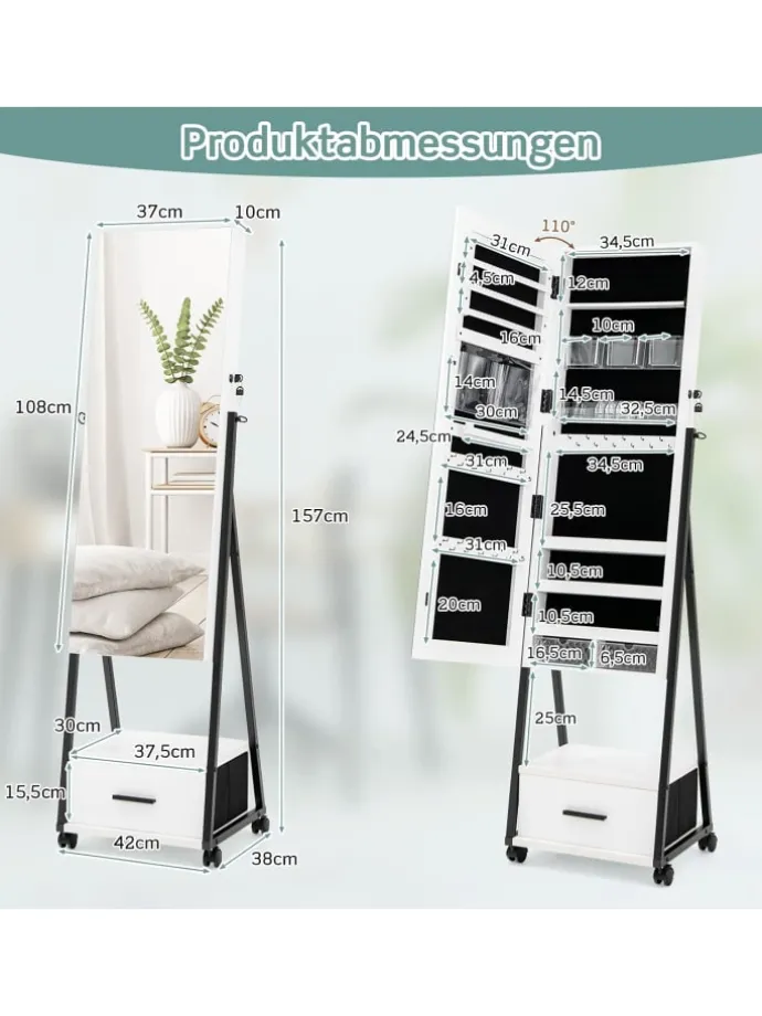 Schmuckschrank mit Spiegel in Weiß