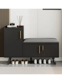 Schuhbank in Schwarz mit 3 Stauraumtüren und Sitzfunktion B100 T34 H69 cm