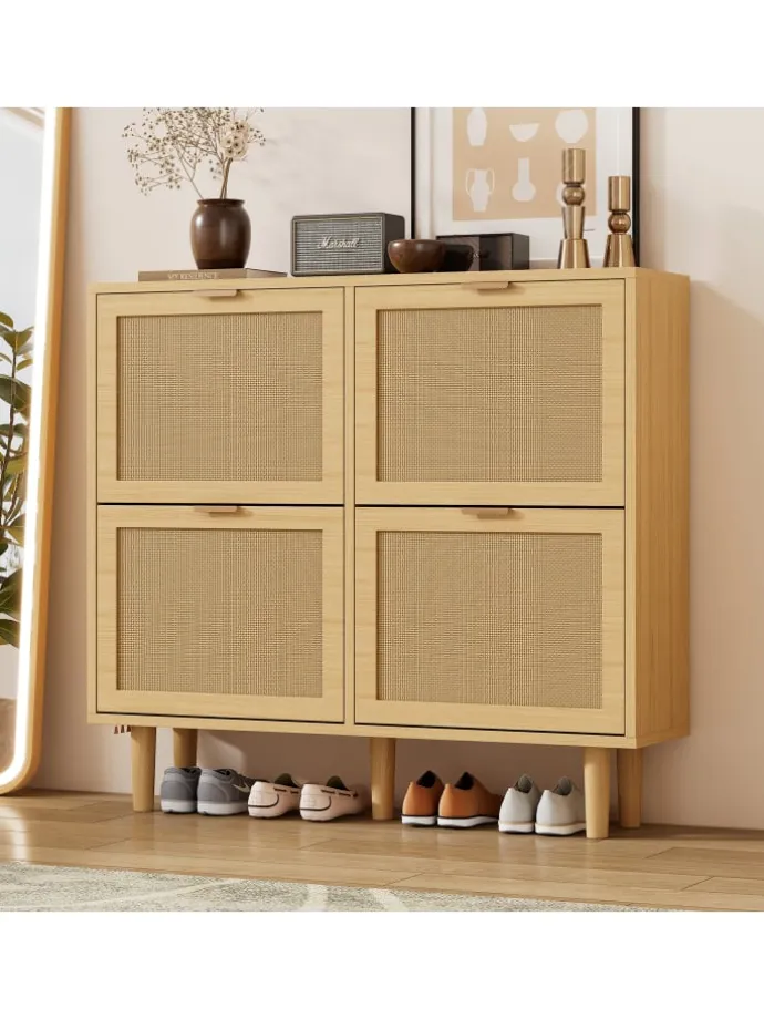 Schuhkommode in Braun mit Rattan-Schubladen 100x25x90 cm